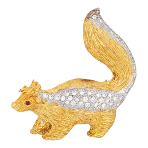 Vintage Diamond Skunk Brooch 18k Yellow Gold Platinum Fine Animal Jewelry