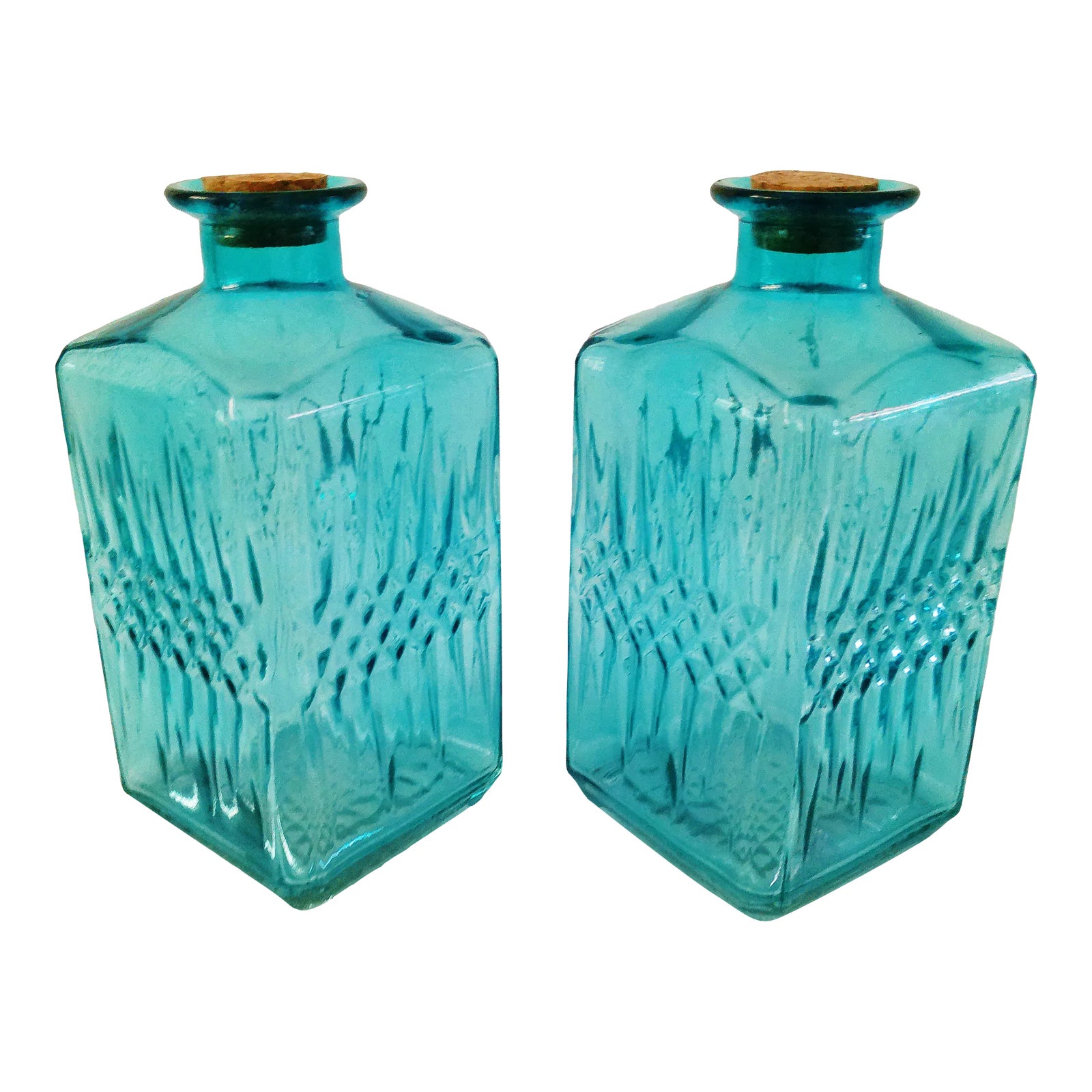 Aqua Blue Flash Glass Decanters, a Pair | Chairish