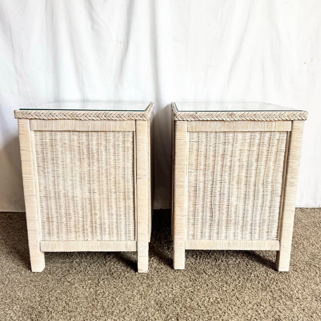 Henry Link Vintage Boho Chic White Washed Wicker Glass Top Nighstands - A Pair For Sale - Image 4 of 10