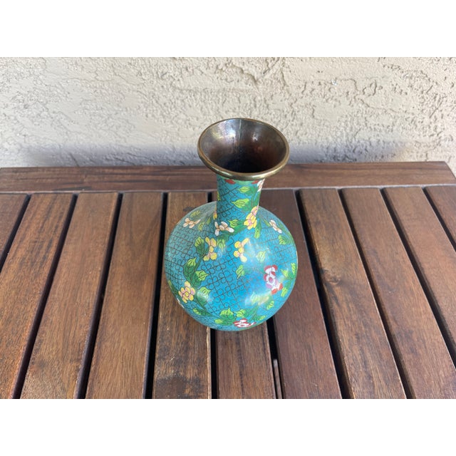 Mid Century Chinese Cloisonné Teal Enamel Vase For Sale In Santa Fe - Image 6 of 8