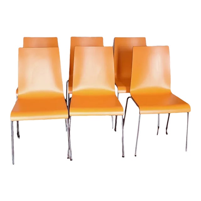 Late 20th Century Vintage Set of 6 Dining Room Stackable Mid-Century Modern Orange Plywood Formica Chairs For Sale