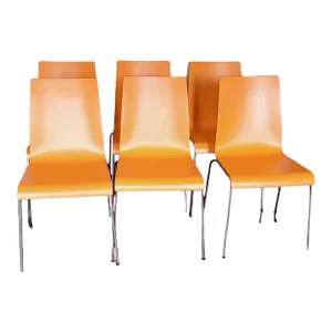 Late 20th Century Vintage Set of 6 Dining Room Stackable Mid-Century Modern Orange Plywood Formica Chairs