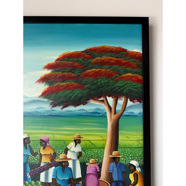 Green Vintage Barnes Folk Art Market Scene Oil on Canvas Painting – Framed For Sale - Image 8 of 14