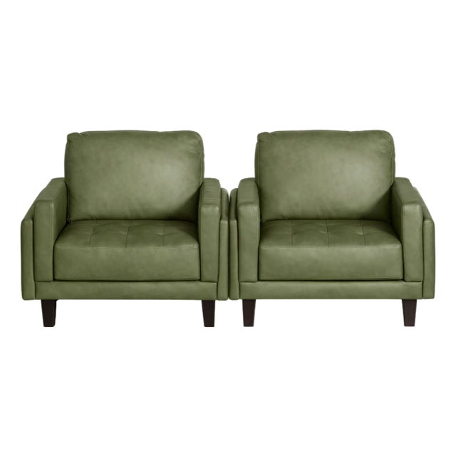 DESCRIPTION: A handsome olive green leather club chair with clean, modern lines and substantial comfort. The chair...
