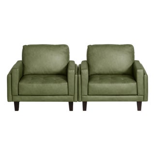 Olive Green Leather Club Chairs. MCM Vibes. For Sale