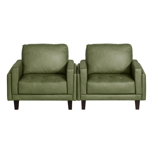 Olive Green Leather Club Chairs. MCM Vibes. For Sale