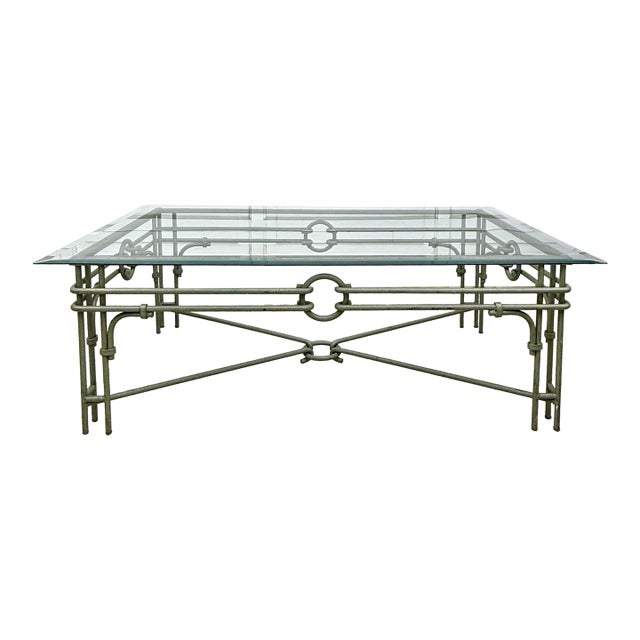 Vintage Giacometti Style Verdigris-Finish Metal & Glass Coffee Table For Sale