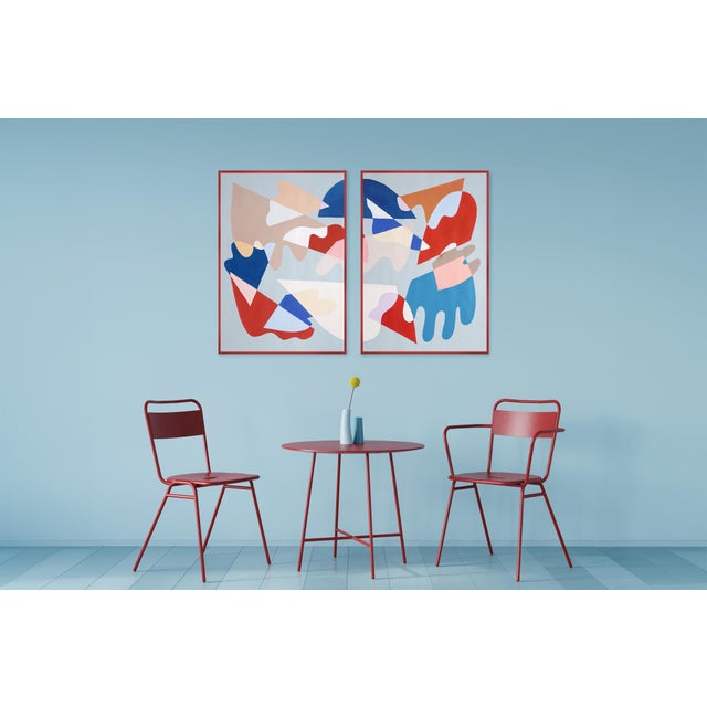 Blue 2025, Abstract Memphis Floating Shapes, Shattered Tiles, Large Diptych in Red and Blue, Acrylic Painting on Watercolor Paper by Ryan Rivadeneyra For Sale - Image 8 of 9