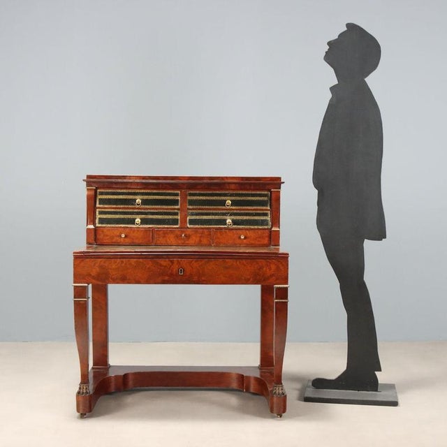 Open writing desk in Napoleon III style, crafted from fine mahogany feather, is a distinctive example of French...