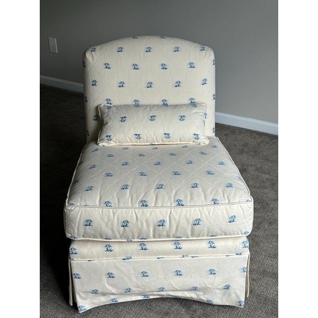 Coastal Vintage Baker Milling Road Upholstered Slipper Lounge Chair in Blue & Ivory Fabric For Sale - Image 3 of 9