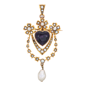 1900-1909 Antique Edwardian Pendant Brooch Amethyst Heart Pearl 9k Yellow Gold Jewelry