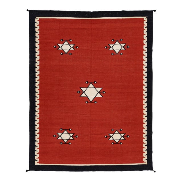 9x12 Modern Navajo Style Flatweave Red Wool Area Rug - Geometric Star & Diamond For Sale