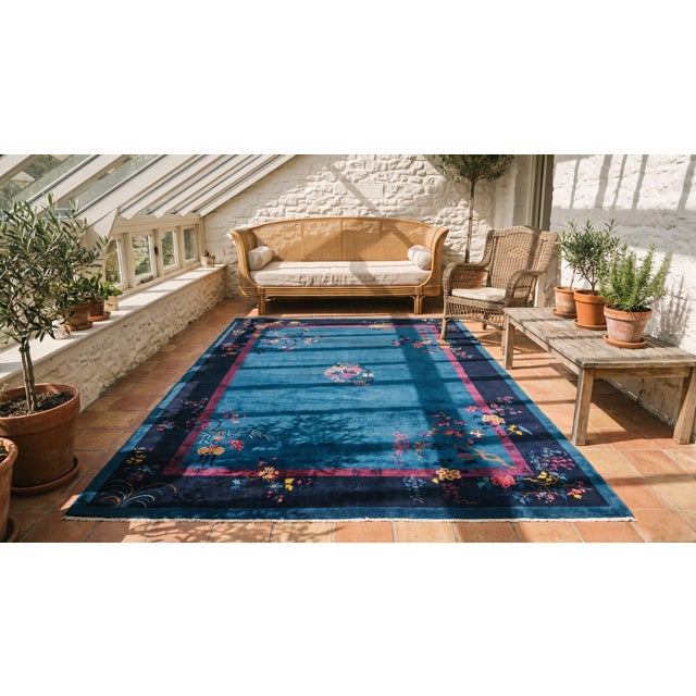 1920s Blue Floral Antique Chinese Art Deco Rug 9'2" X 11'8" Handknotted Wool Carpet For Sale - Image 9 of 9
