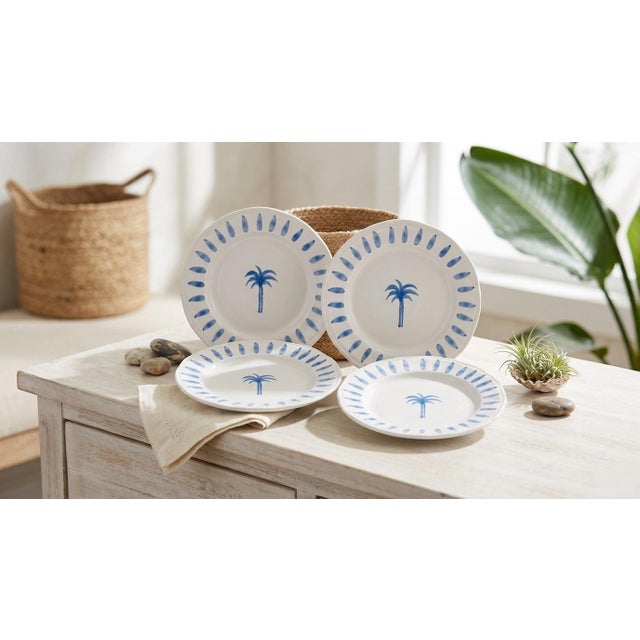 Les-Ottomans Hand-Painted Palm Tree Ceramic Dinner Plates - Made in Italy - Set of 4 For Sale In West Palm - Image 6 of 7