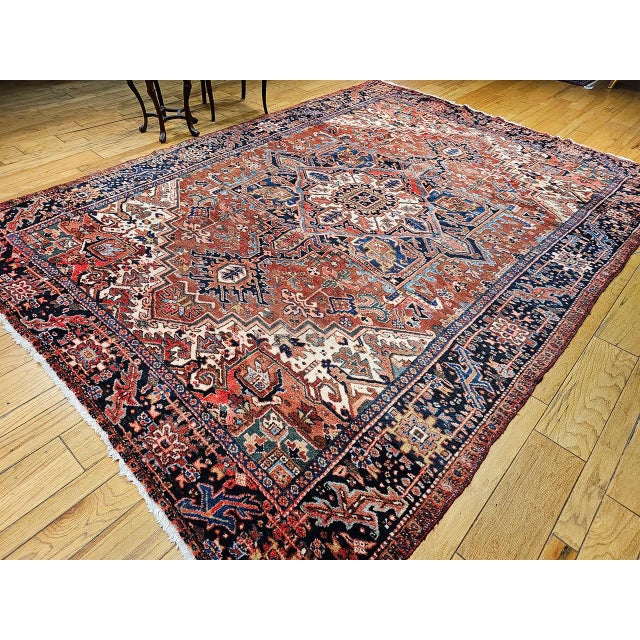 Antique Persian Heriz Karajeh Rug, Hand-Knotted Wool, Geometric Design, Brick & Navy, 9x12 For Sale - Image 10 of 10