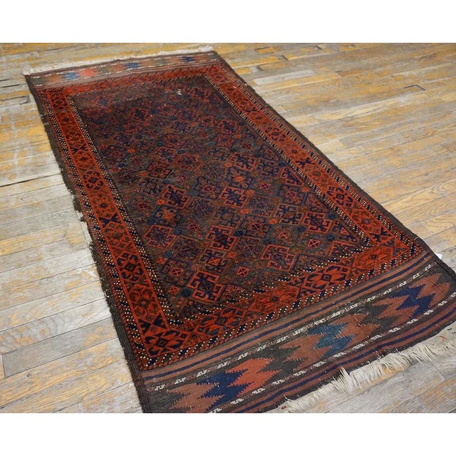 19th century Persian Baluch carpet ( 3'2" x 5'6" - 97 x 167 cm ). Antique Baluch Persian Allover Geometric Knotted Rug,...