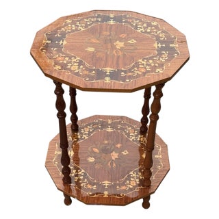 Antique Inlaid Mahogany Octagon Two‑Tier Side Table — Floral Marquetry For Sale