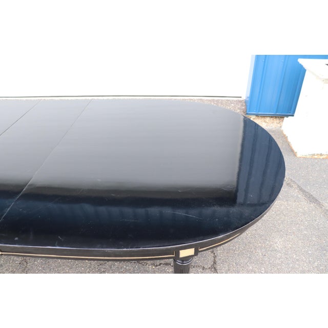 Black Signed Maison Jansen Ebonized Black Lacquer Dining Table Brass Trim W 2 Leaves For Sale - Image 8 of 10