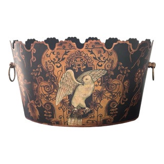 Large Tole Cachepot Hand Painted White Eagle With Button Feet and Ring Handles For Sale