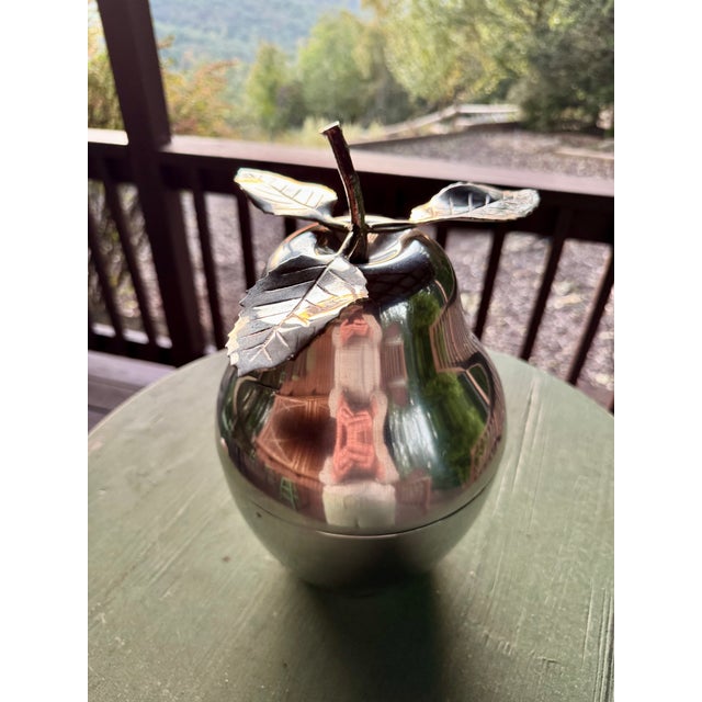 Metal Vintage MCM Sculptural Pear Ice Bucket 14” Silver Tone 1970s Barware 3 Leaf For Sale - Image 7 of 15