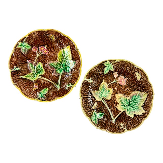 English Majolica Rustic Leaves on Bark Plates, Set of Two For Sale