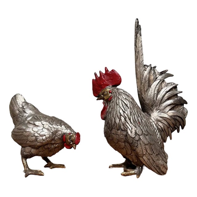 Japanese Okimono Rooster and Hen, 1920s, Set of 2 For Sale