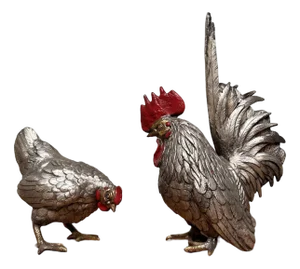 Japanese Okimono Rooster and Hen, 1920s, Set of 2
