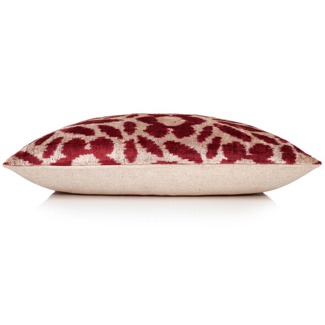 Mid-Century Modern Ruby Red & Ivory Ikat Velvet Lumbar Pillow 16x24 | Classic Statement Luxury For Sale - Image 3 of 9