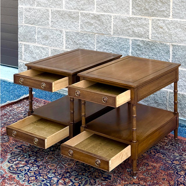 Wood Vintage Hekman Traditional Regency Walnut 2 Drawer Tiered Cane Cut Side Tables - A Pair For Sale - Image 7 of 15