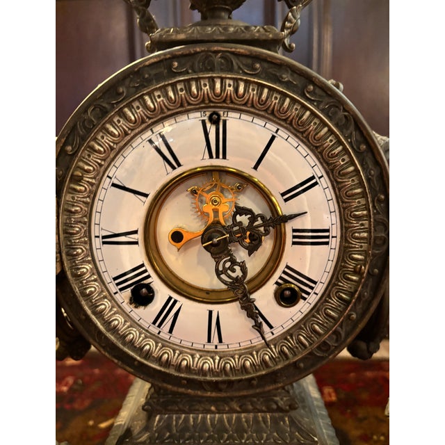 Gray Antique Ansonia Huntress & Fisher Figural Mantel Clock – New York, 1882 [Mr] For Sale - Image 8 of 12