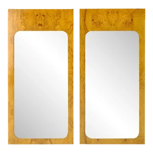 Style of Milo Baughman Burl Wood Bookmatched Mid-Century Modern Wall Mirror Pair