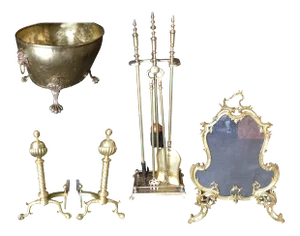 Art Nouveau Brass Fireplace Tool Set, Screen, Andiron, & Log Bucket Set - Set of 8