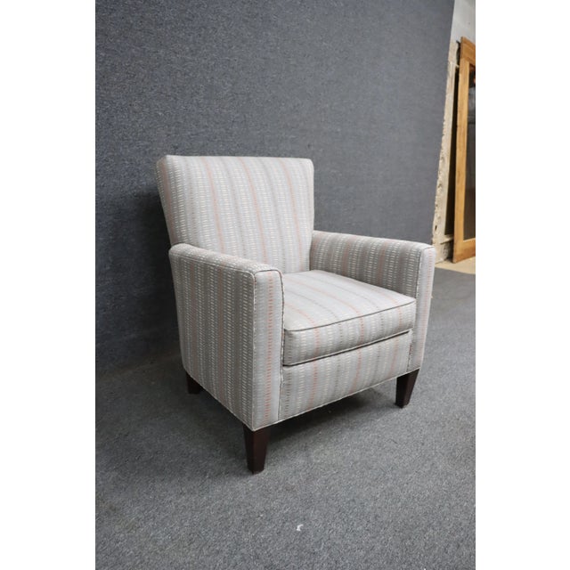 Very light silver/gray Ethan Allen club chair with white/pink/brown accents in upholstery.
