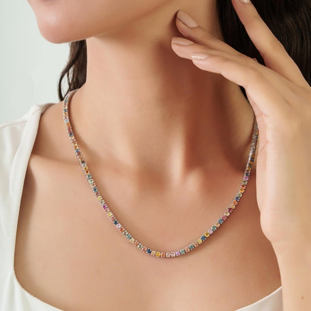 Blue 925 Silver 20.81 Ct Rainbow Multi Sapphire Rivière Tennis Necklace 18.5 Inch - Christmas Gift For Sale - Image 8 of 13