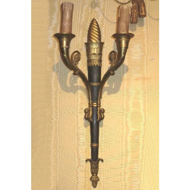 Pair of Gilt and Patinated Bronze Two-Arm Wall Light Sconces. Stock Number: