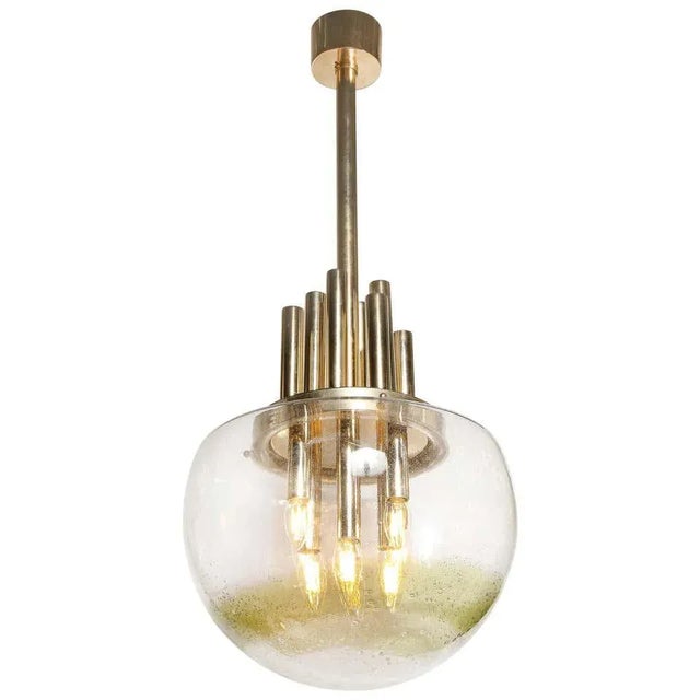 Mid-Century Modern Brass & Hand Blown Translucent/ Topaz Murano Glass Chandelier For Sale - Image 12 of 12