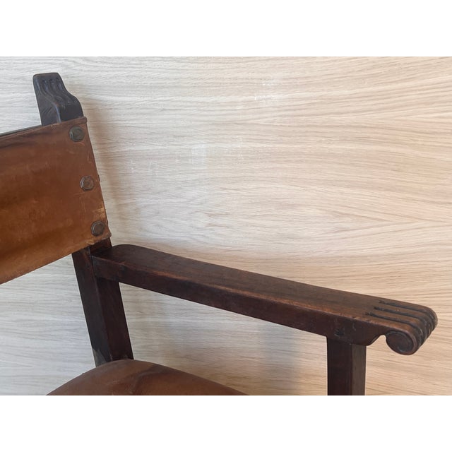 19th Century Spanish Pair of Colonial Carved Armchairs With Leather Seat & Back For Sale - Image 9 of 12