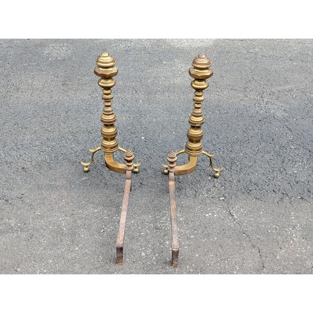 Metal Vintage Heavy Brass Beehive Style Andirons - A Pair For Sale - Image 7 of 7