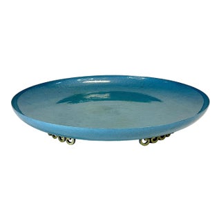 1960s Mid-Century Boho Chic Hollywood Regency Metal Cerulean Tray, Brass Scroll Feet. For Sale