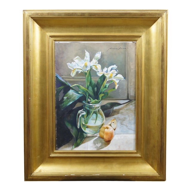 Vintage Still Life Oil Painting White Irises in Glass Vase Realism Framed For Sale