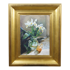 Vintage Still Life Oil Painting White Irises in Glass Vase Realism Framed