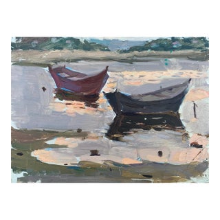 Vintage River Landscape Oil Painting, Boats, Ukrainian Art 26-34,5 For Sale