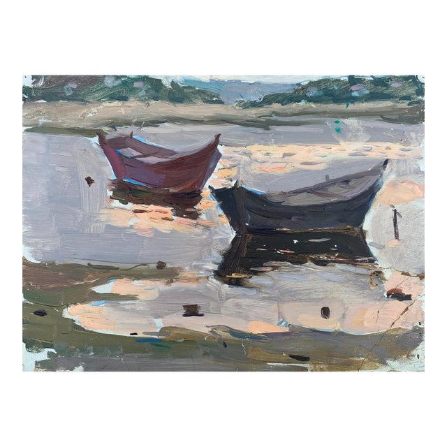 Vintage River Landscape Oil Painting, Boats, Ukrainian Art 26-34,5 For Sale