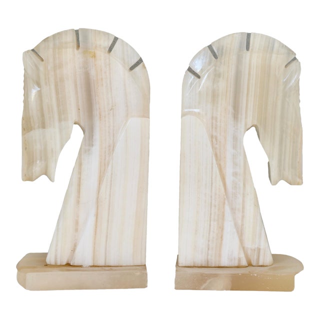 Midcentury Alabaster Chessmen Bookends, a Pair For Sale