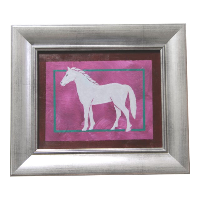 Horse Minimalism English Traditional Folk Art Gray Raspberry Pink Burgundy Original Oil Painting by Cleo Plowden For Sale