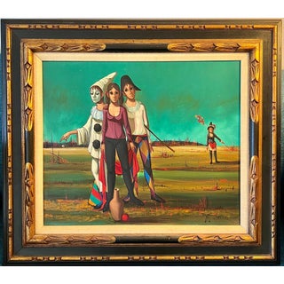Jean Pierre Serrier, French Mod Surrealist Commedia dell'arte Circus Scene Oil Painting J.P. Serrier, c.1950's-1960's For Sale