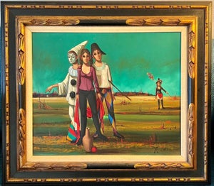 Jean Pierre Serrier, French Mod Surrealist Commedia dell'arte Circus Scene Oil Painting J.P. Serrier, c.1950's-1960's