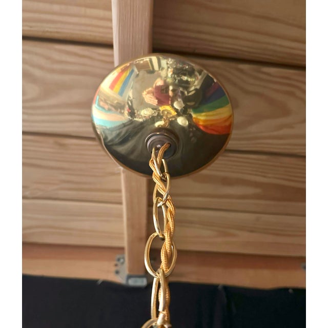 1960s Brass and Wood Midcentury Modern 5-Light Chandelier With Fluted Frosted-Glass Shades For Sale In New York - Image 6 of 12