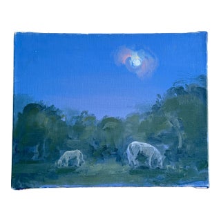 Late 20th Century Folk Art Nocturne Oil Landscape Painting With Horses For Sale