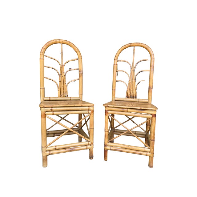 Pair of Vintage Hollywood Regency Bamboo & Rattan Dining Chairs | Palm Beach Coastal Chinoiserie Bent Bamboo High-Back Accent Chairs For Sale - Image 13 of 13